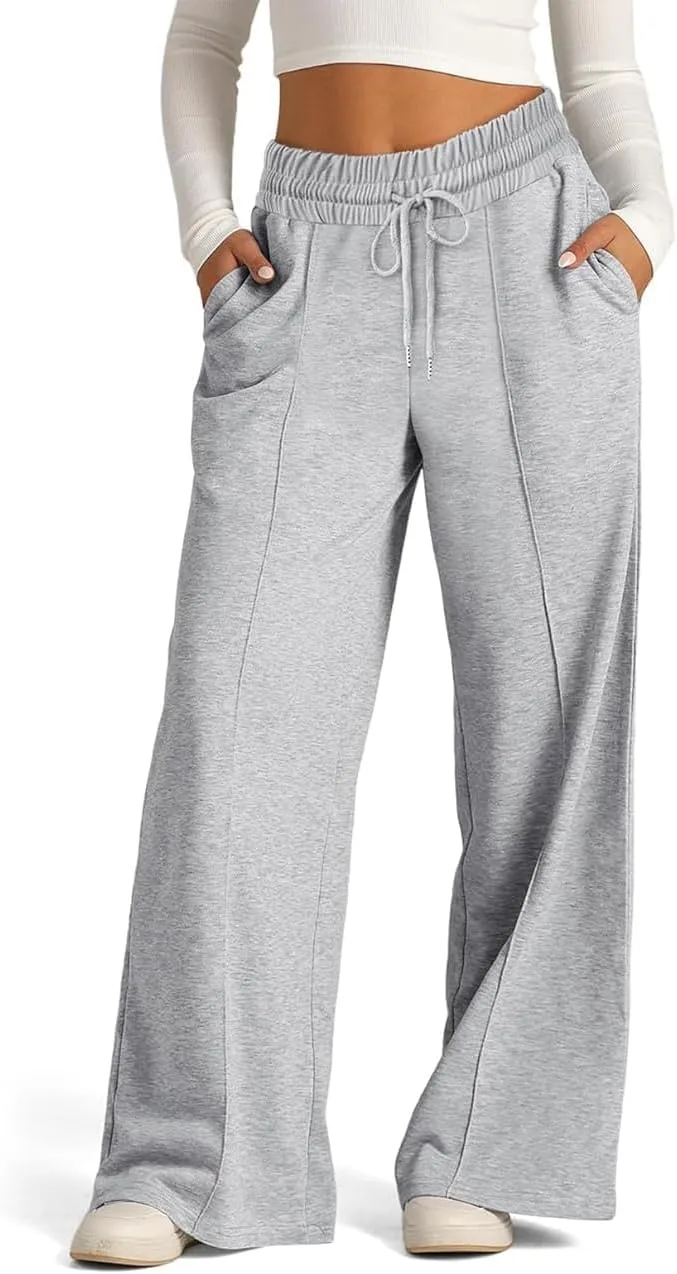 Womens Drawstring High Waist Sweatpants Fashion Wide-Leg Casual Trousers Elastic Joggers Lounge Pants with Pocket