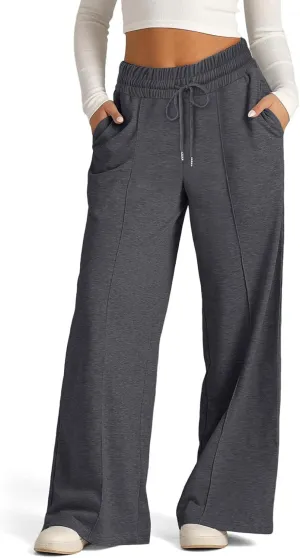 Womens Drawstring High Waist Sweatpants Fashion Wide-Leg Casual Trousers Elastic Joggers Lounge Pants with Pocket