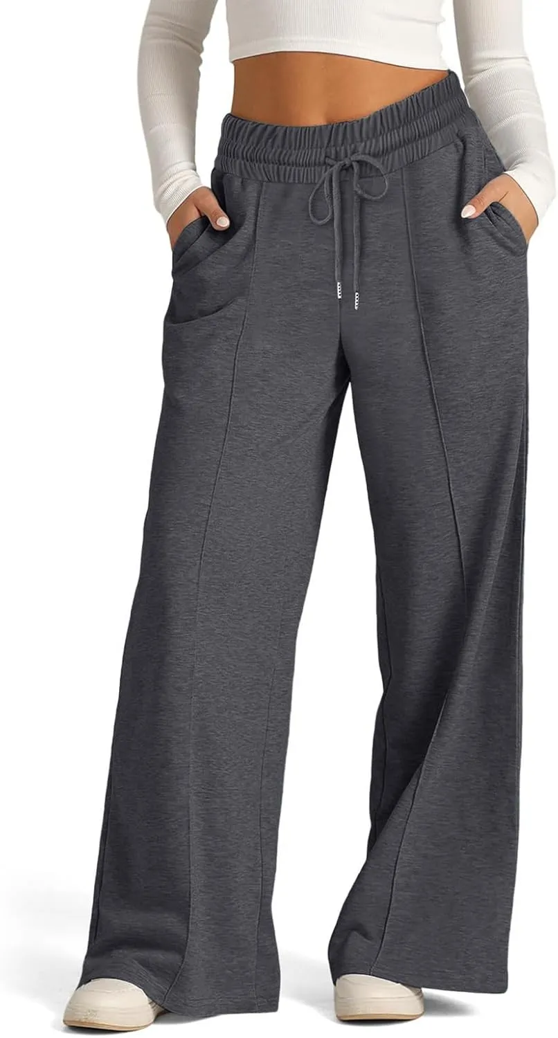 Womens Drawstring High Waist Sweatpants Fashion Wide-Leg Casual Trousers Elastic Joggers Lounge Pants with Pocket