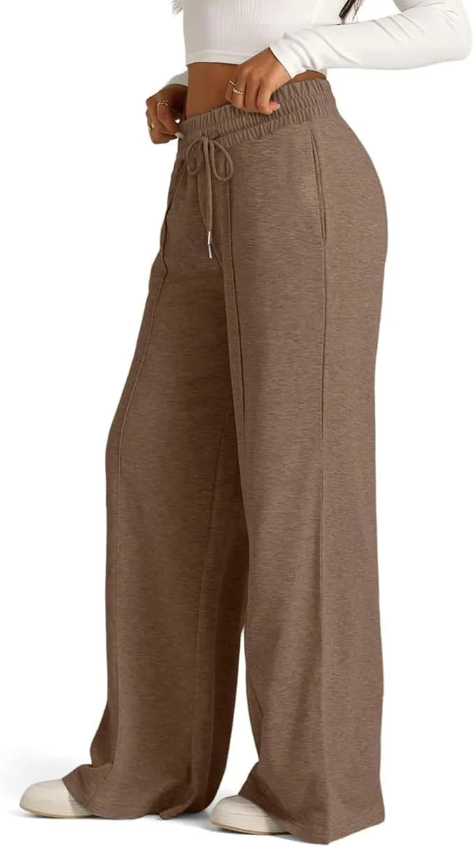 Womens Drawstring High Waist Sweatpants Fashion Wide-Leg Casual Trousers Elastic Joggers Lounge Pants with Pocket