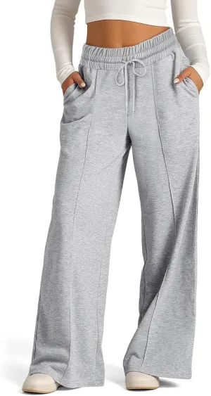Womens Drawstring High Waist Sweatpants Fashion Wide-Leg Casual Trousers Elastic Joggers Lounge Pants with Pocket