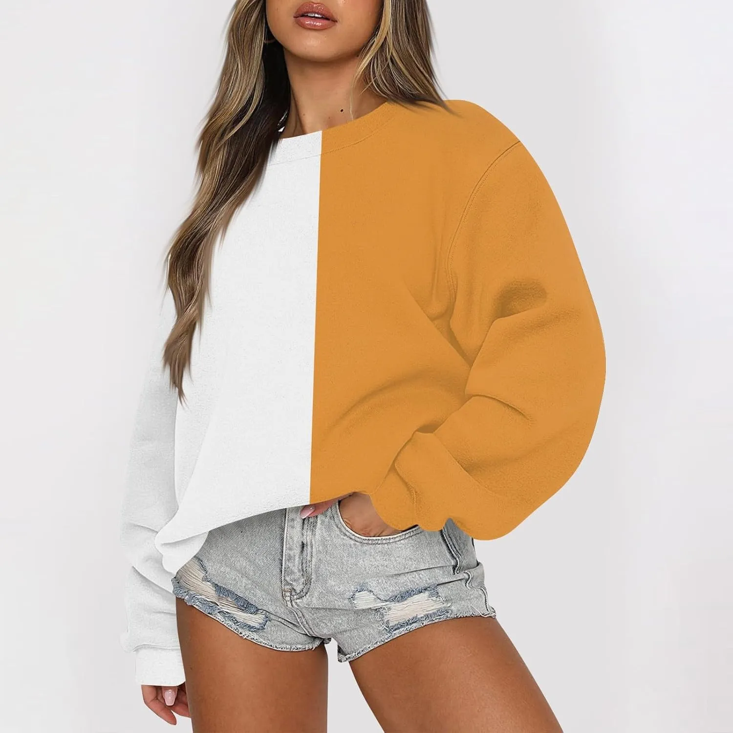 Womens Fall Sweatshirts Dressy Casual Crewneck Striped Color Block Pullover Lightweight Crop Sweatshirts Winter Tops