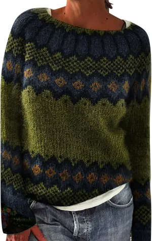 Womens Knitted Fair Isle Print Retro Sweater Long Sleeve Crewneck Sweater Ugly Christmas Fall Sweaters for Women 2024