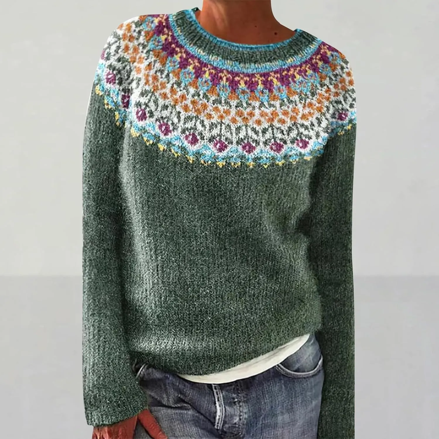 Womens Knitted Fair Isle Print Retro Sweater Long Sleeve Crewneck Sweater Ugly Christmas Fall Sweaters for Women 2024