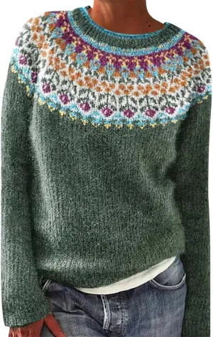 Womens Knitted Fair Isle Print Retro Sweater Long Sleeve Crewneck Sweater Ugly Christmas Fall Sweaters for Women 2024