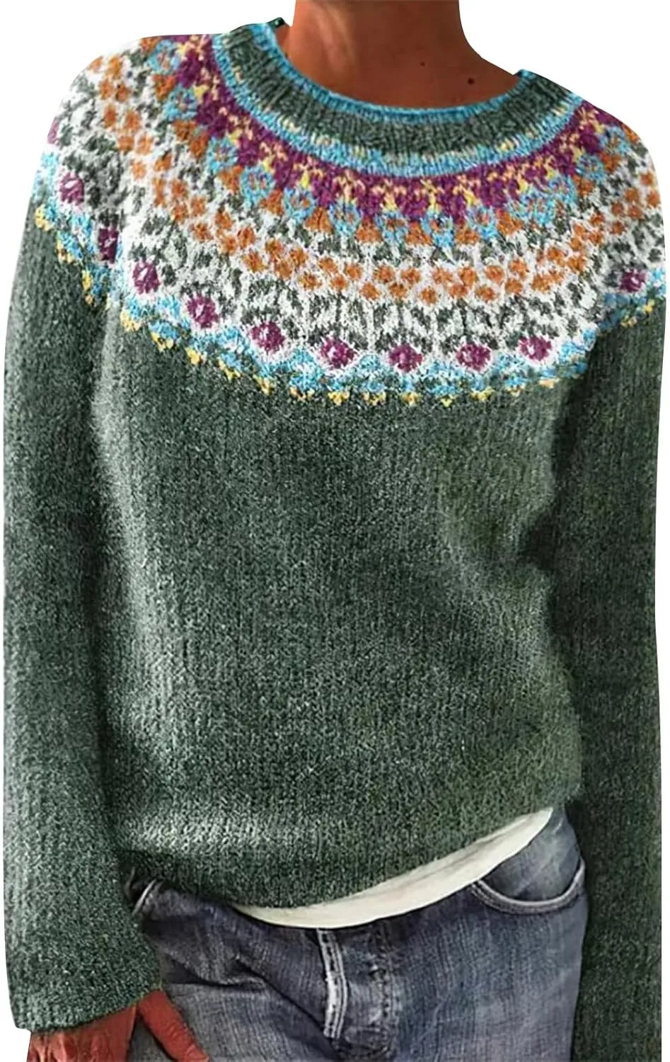 Womens Knitted Fair Isle Print Retro Sweater Long Sleeve Crewneck Sweater Ugly Christmas Fall Sweaters for Women 2024