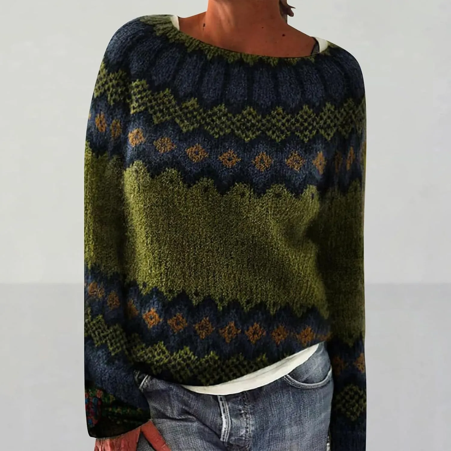 Womens Knitted Fair Isle Print Retro Sweater Long Sleeve Crewneck Sweater Ugly Christmas Fall Sweaters for Women 2024