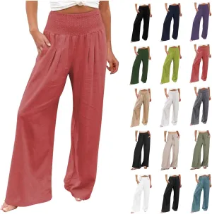 Womens Linen Palazzo Pants Wide Leg Boho Beach Pants High Waisted Flowy Pants Summer Lightweight Plus Size Trousers