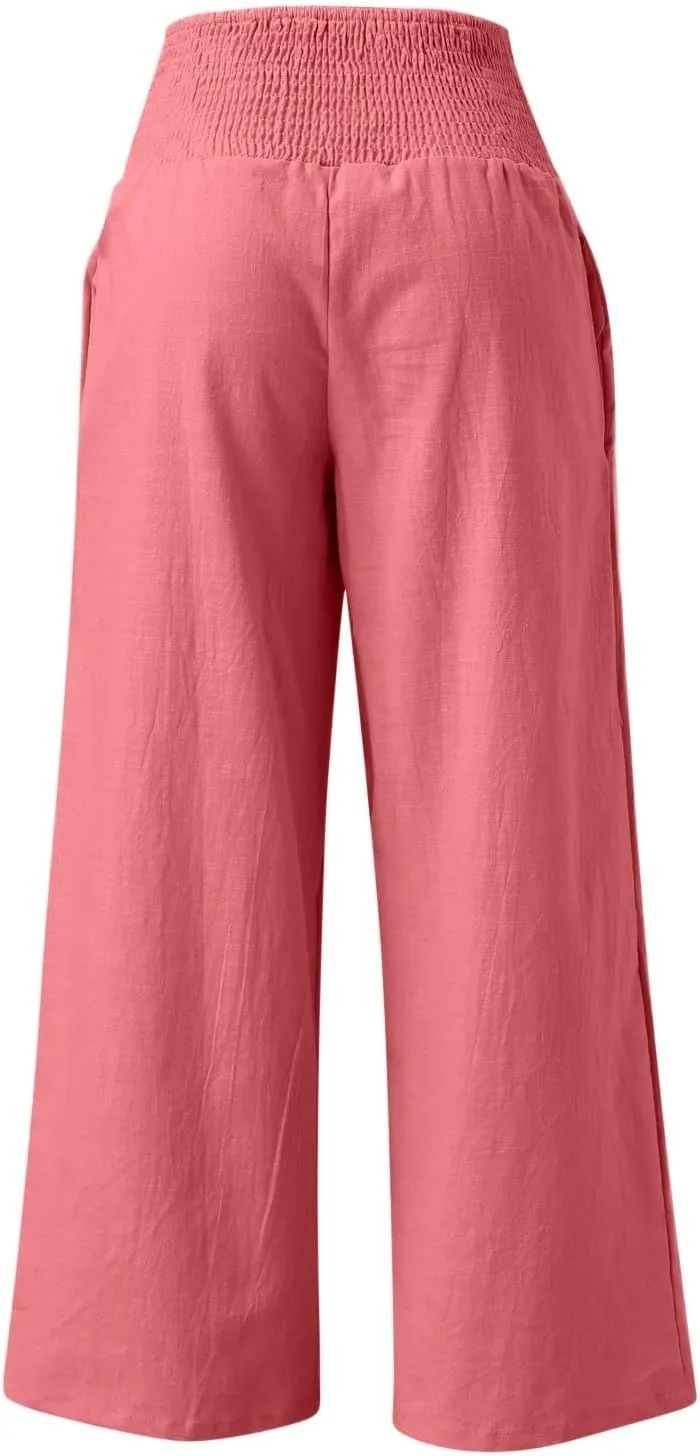 Womens Linen Palazzo Pants Wide Leg Boho Beach Pants High Waisted Flowy Pants Summer Lightweight Plus Size Trousers