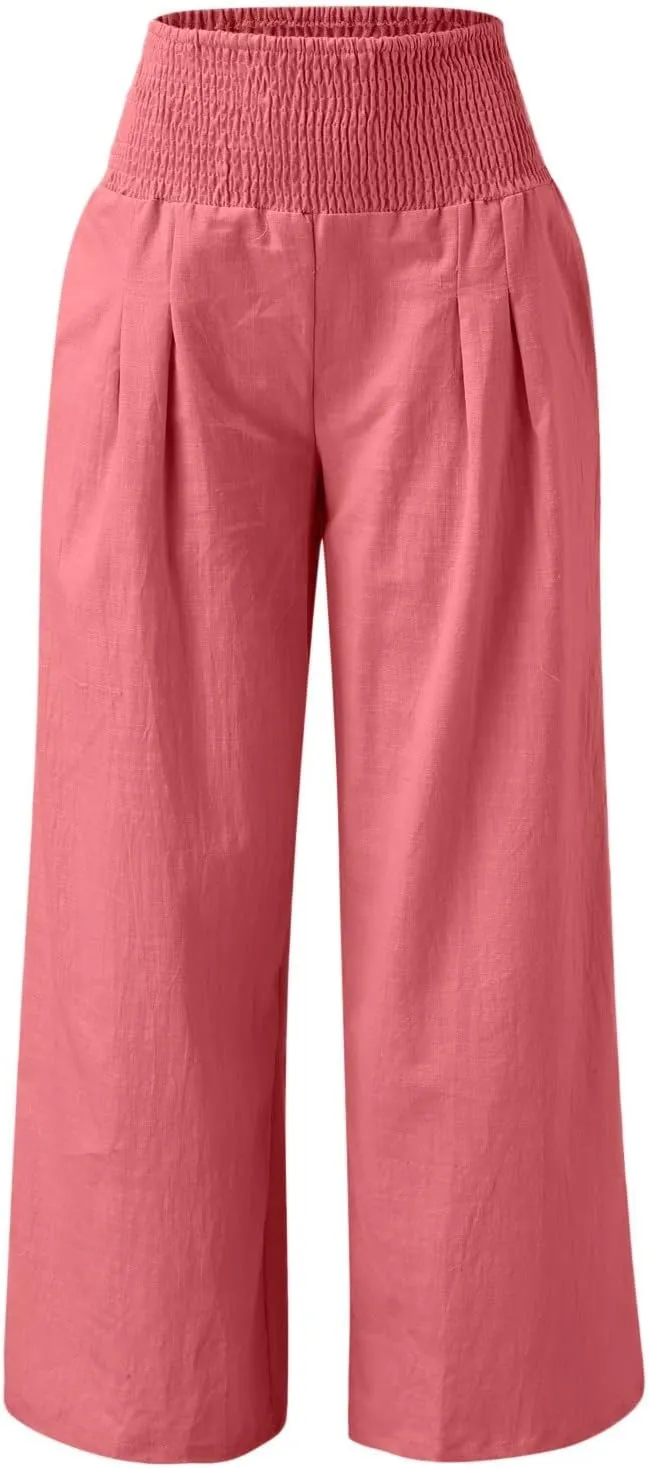 Womens Linen Palazzo Pants Wide Leg Boho Beach Pants High Waisted Flowy Pants Summer Lightweight Plus Size Trousers