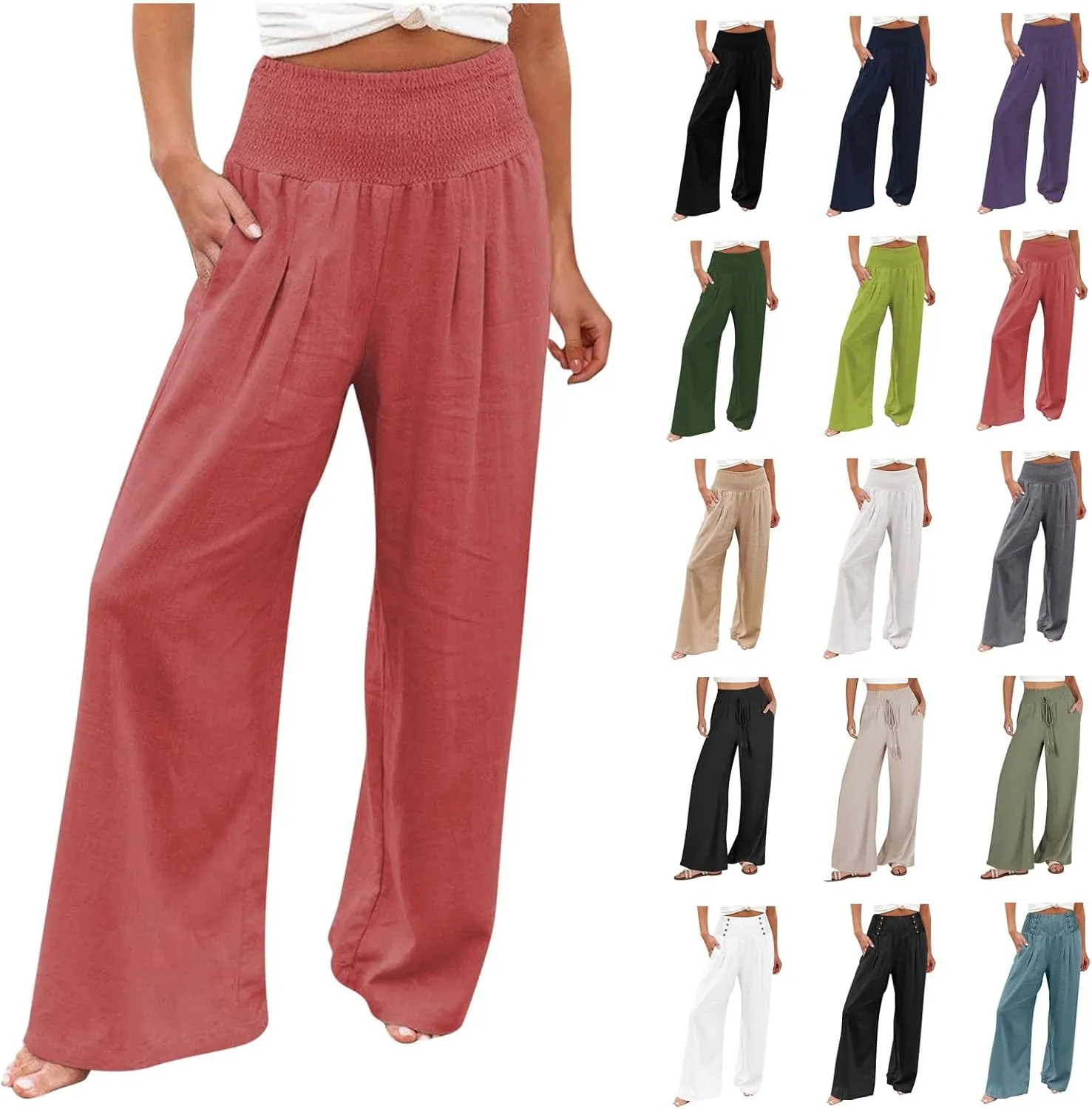Womens Linen Palazzo Pants Wide Leg Boho Beach Pants High Waisted Flowy Pants Summer Lightweight Plus Size Trousers