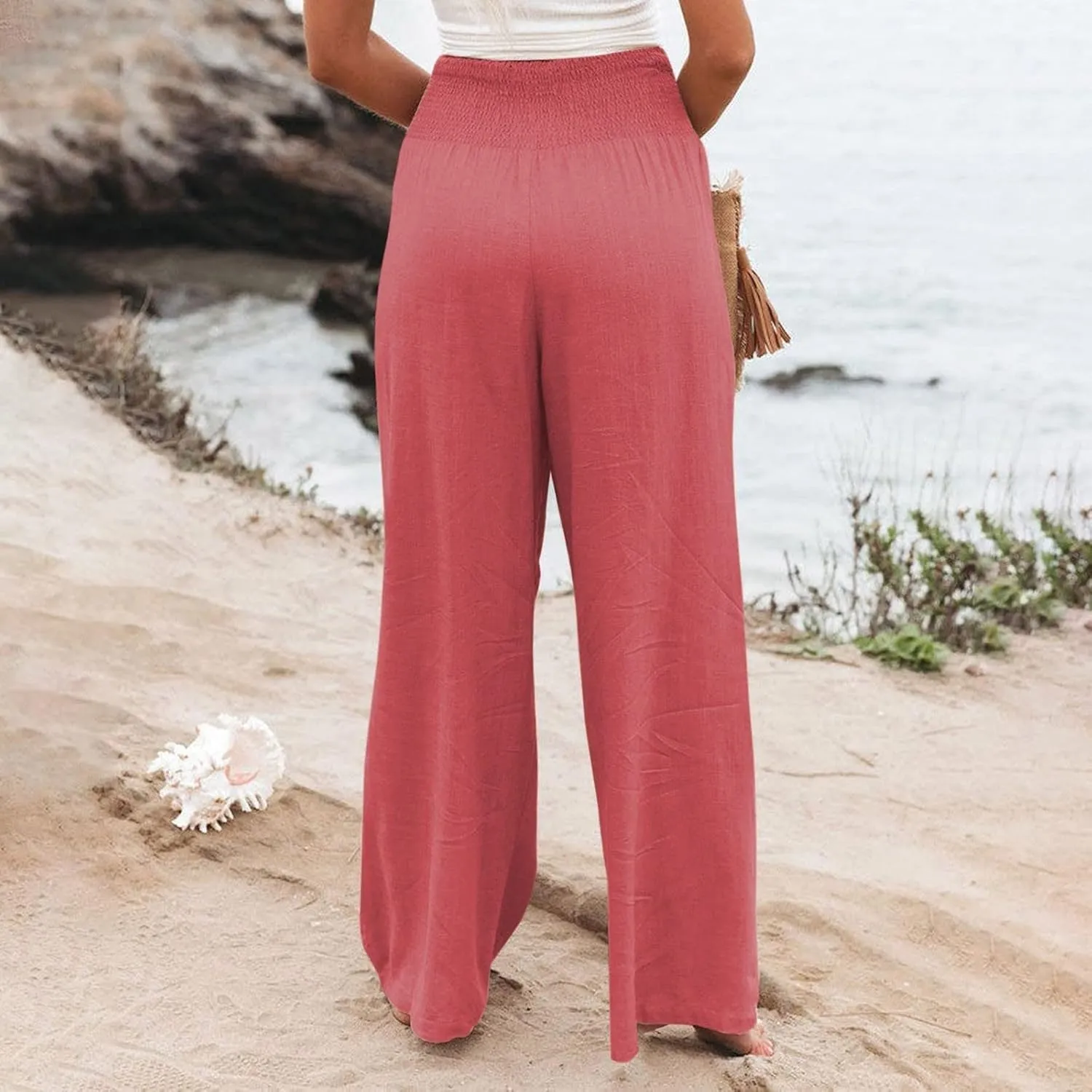 Womens Linen Palazzo Pants Wide Leg Boho Beach Pants High Waisted Flowy Pants Summer Lightweight Plus Size Trousers
