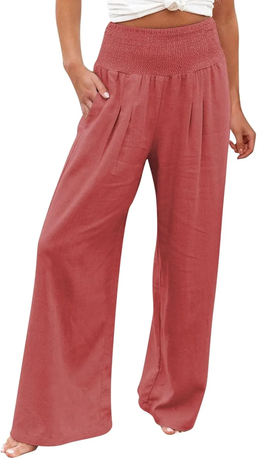 Womens Linen Palazzo Pants Wide Leg Boho Beach Pants High Waisted Flowy Pants Summer Lightweight Plus Size Trousers