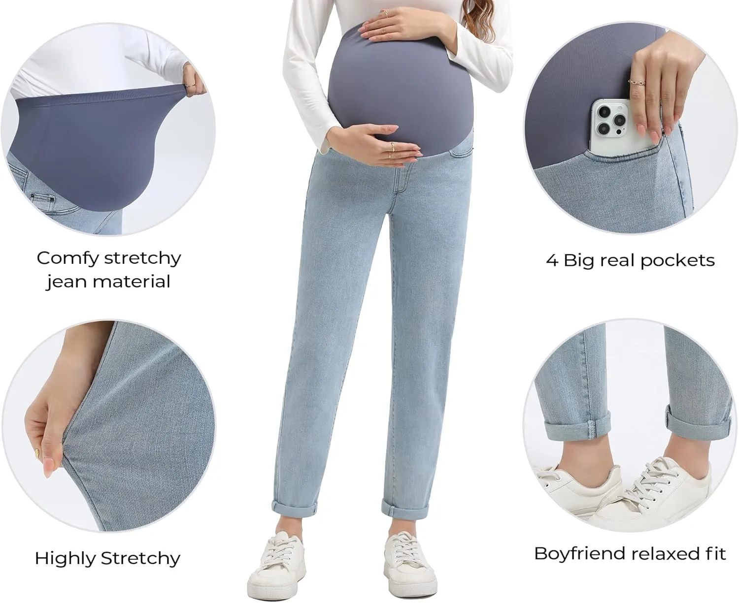 Women's Maternity Boyfriend Jeans Over Belly Stretch Denim Pregnancy Trendy Pants