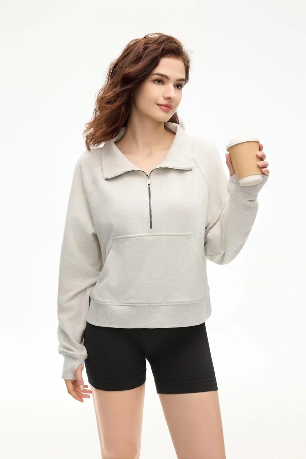 Womens Quarter Zip Pullover Cropped Sweaters Fleece Fall Outfits Thumb Hole Fall outfits