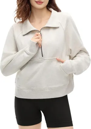 Womens Quarter Zip Pullover Cropped Sweaters Fleece Fall Outfits Thumb Hole Fall outfits