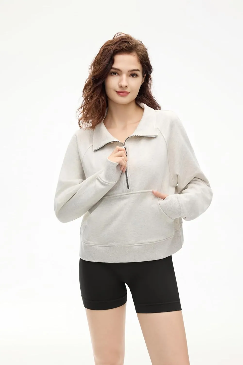 Womens Quarter Zip Pullover Cropped Sweaters Fleece Fall Outfits Thumb Hole Fall outfits