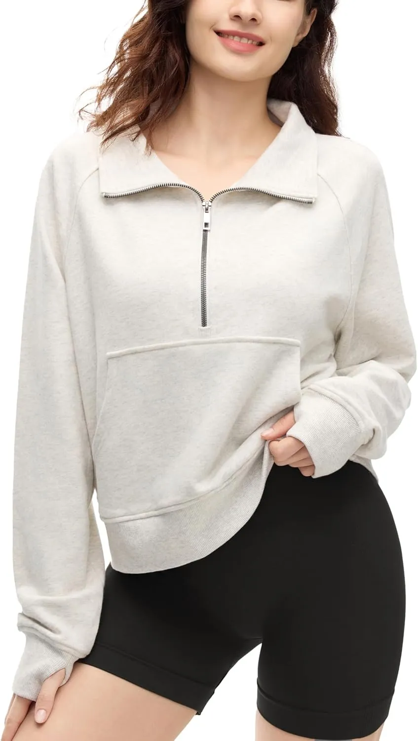 Womens Quarter Zip Pullover Cropped Sweaters Fleece Fall Outfits Thumb Hole Fall outfits