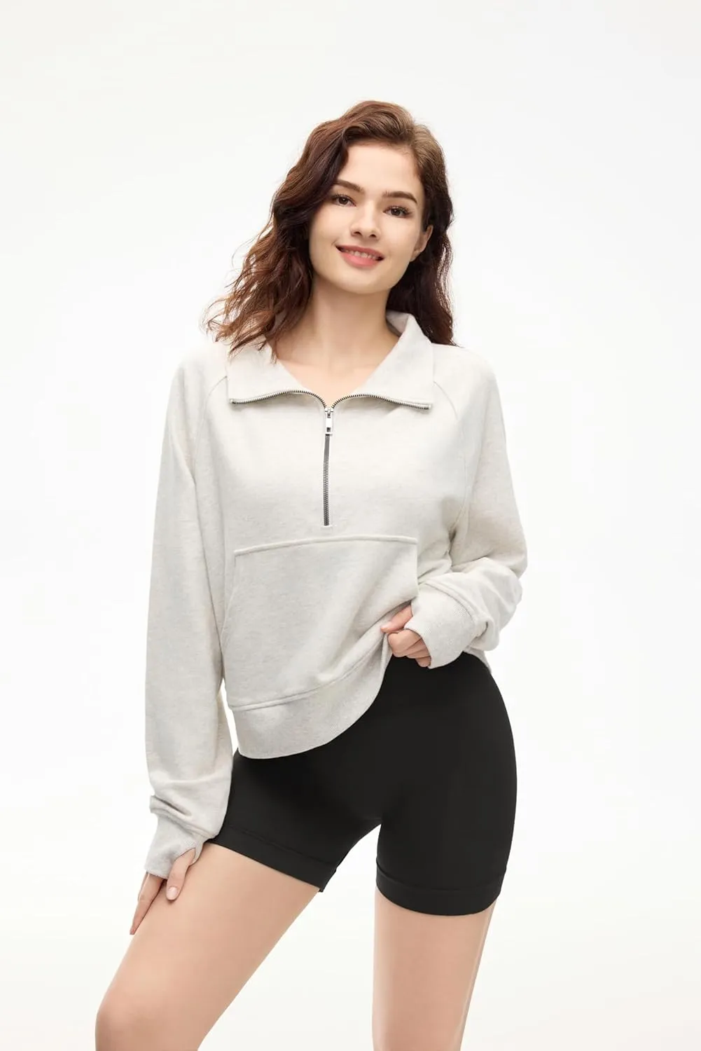 Womens Quarter Zip Pullover Cropped Sweaters Fleece Fall Outfits Thumb Hole Fall outfits