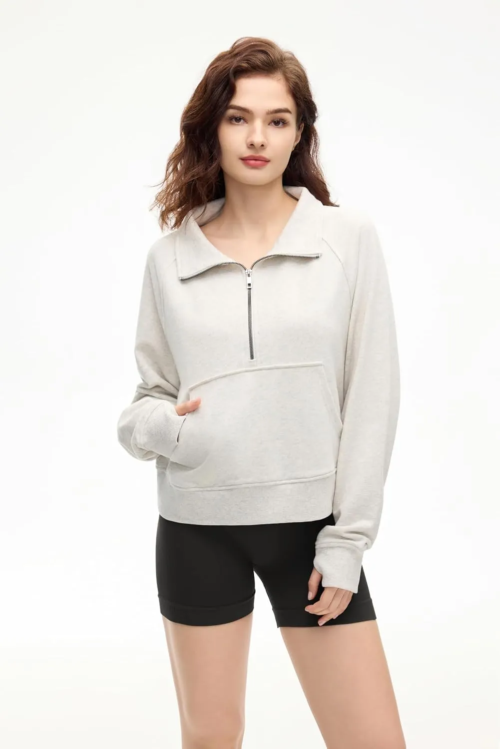 Womens Quarter Zip Pullover Cropped Sweaters Fleece Fall Outfits Thumb Hole Fall outfits