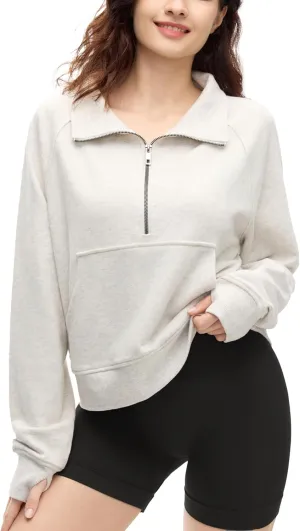 Womens Quarter Zip Pullover Cropped Sweaters Fleece Fall Outfits Thumb Hole Fall outfits