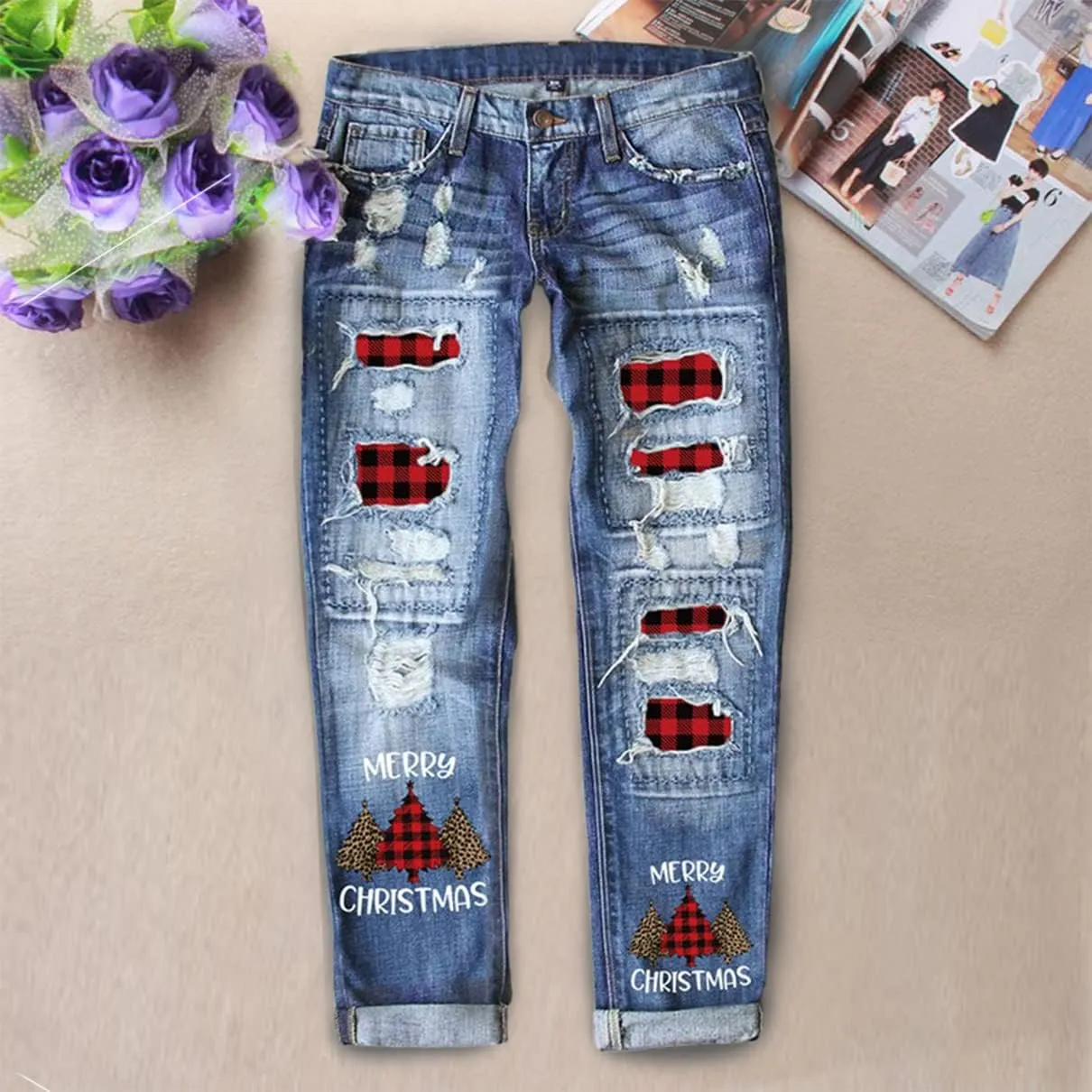 Women's Ripped Boyfriend Jeans Distressed Washed Christmas Patch Print Denim Pants