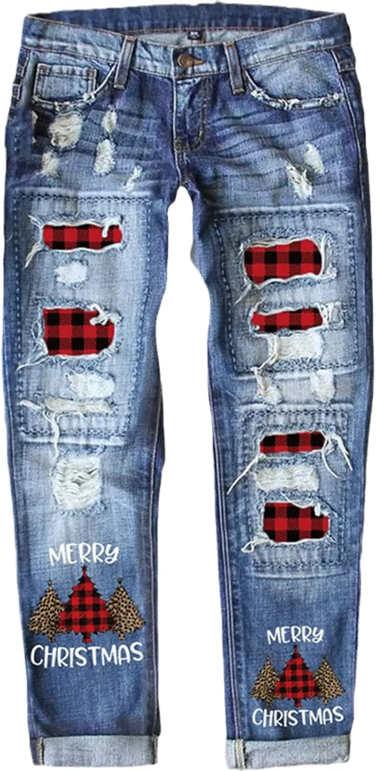 Women's Ripped Boyfriend Jeans Distressed Washed Christmas Patch Print Denim Pants