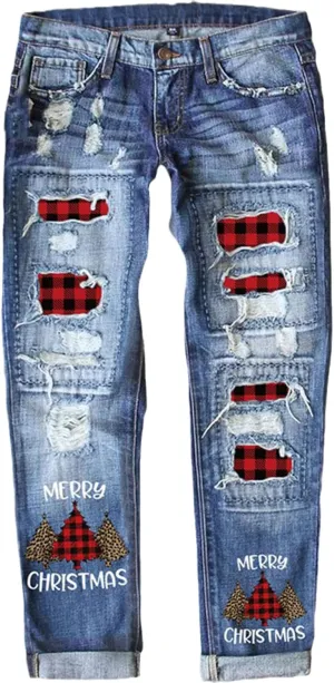 Women's Ripped Boyfriend Jeans Distressed Washed Christmas Patch Print Denim Pants