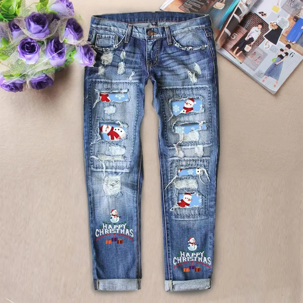 Women's Ripped Boyfriend Jeans Distressed Washed Christmas Patch Print Denim Pants