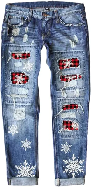 Women's Ripped Boyfriend Jeans Distressed Washed Christmas Patch Print Denim Pants