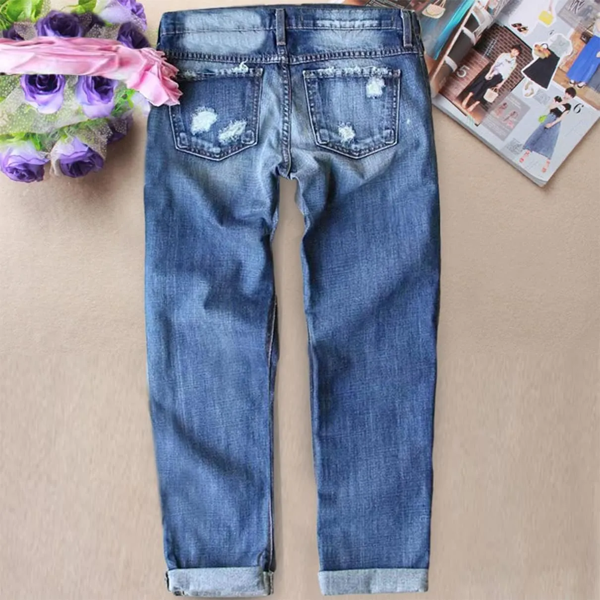 Women's Ripped Boyfriend Jeans Distressed Washed Christmas Patch Print Denim Pants