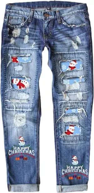 Women's Ripped Boyfriend Jeans Distressed Washed Christmas Patch Print Denim Pants