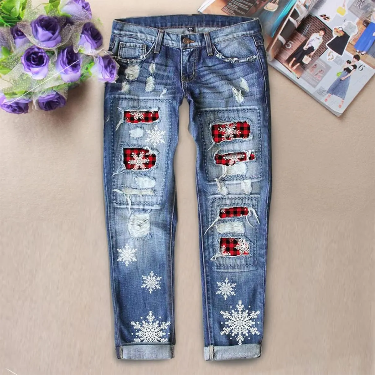 Women's Ripped Boyfriend Jeans Distressed Washed Christmas Patch Print Denim Pants