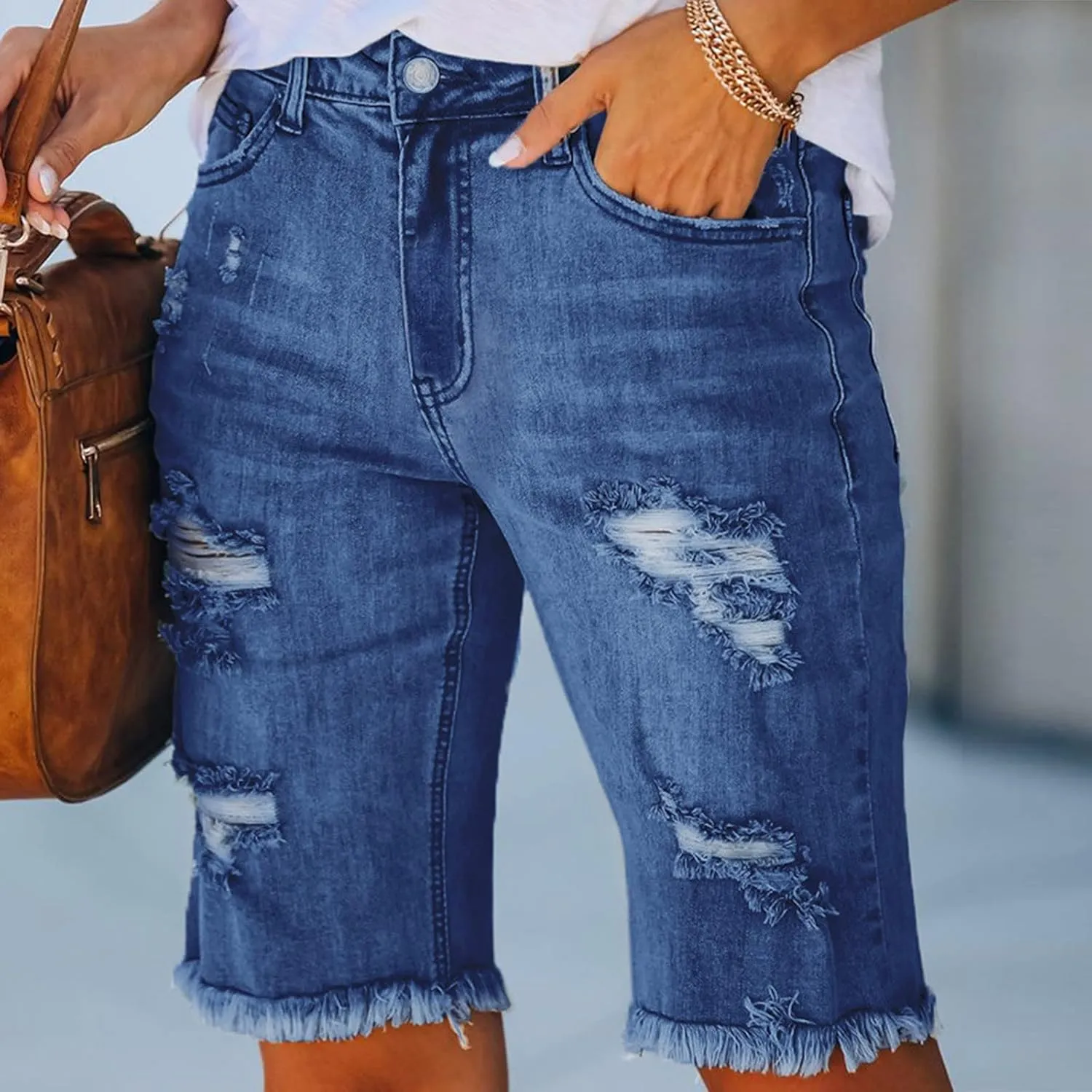 Womens Ripped Stretchy Long Jean Shorts Mid Rise Frayed Cut Off High Waisted Distressed Knee Length Bermuda Shorts