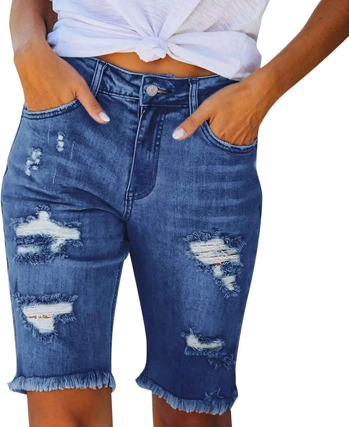 Womens Ripped Stretchy Long Jean Shorts Mid Rise Frayed Cut Off High Waisted Distressed Knee Length Bermuda Shorts