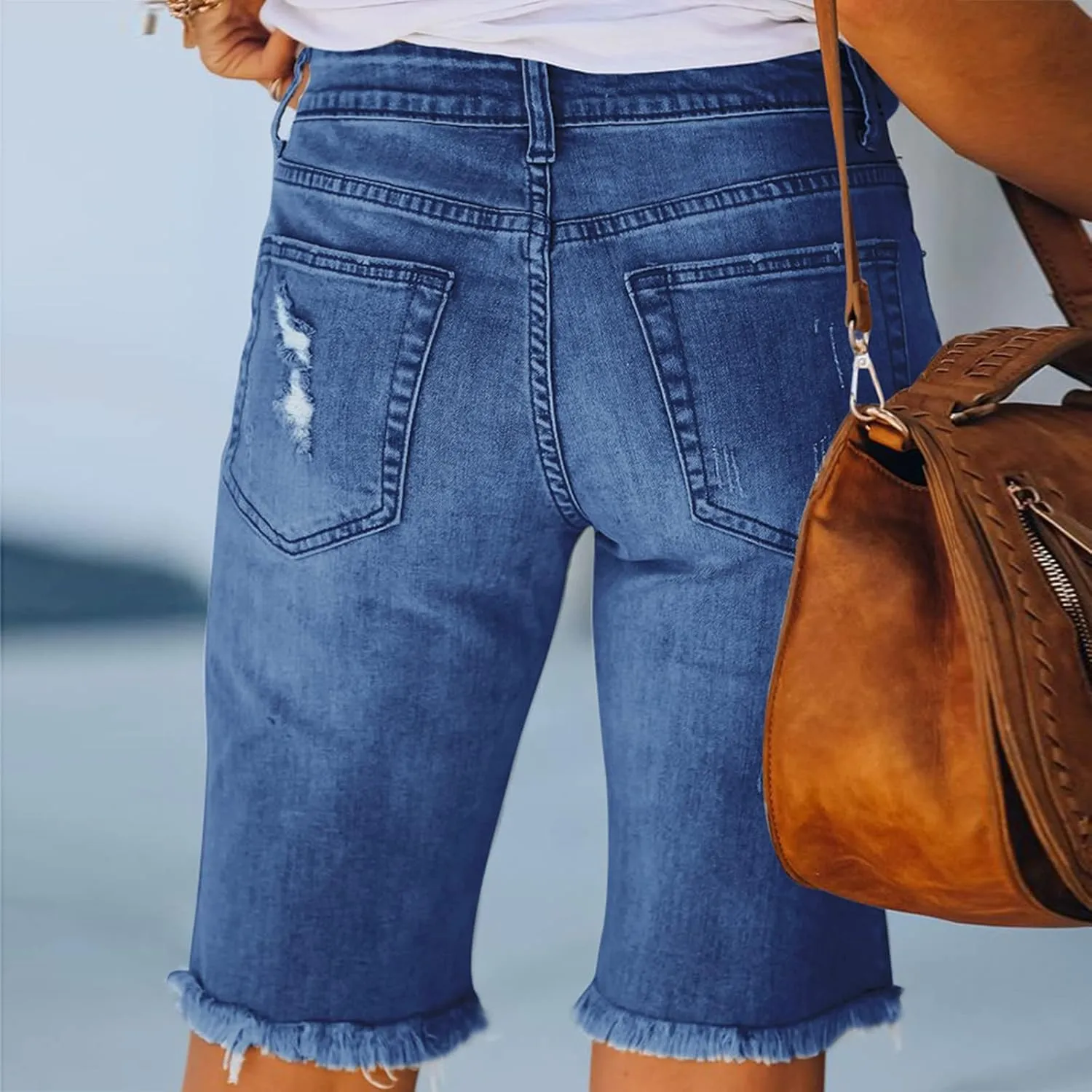 Womens Ripped Stretchy Long Jean Shorts Mid Rise Frayed Cut Off High Waisted Distressed Knee Length Bermuda Shorts