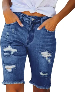 Womens Ripped Stretchy Long Jean Shorts Mid Rise Frayed Cut Off High Waisted Distressed Knee Length Bermuda Shorts