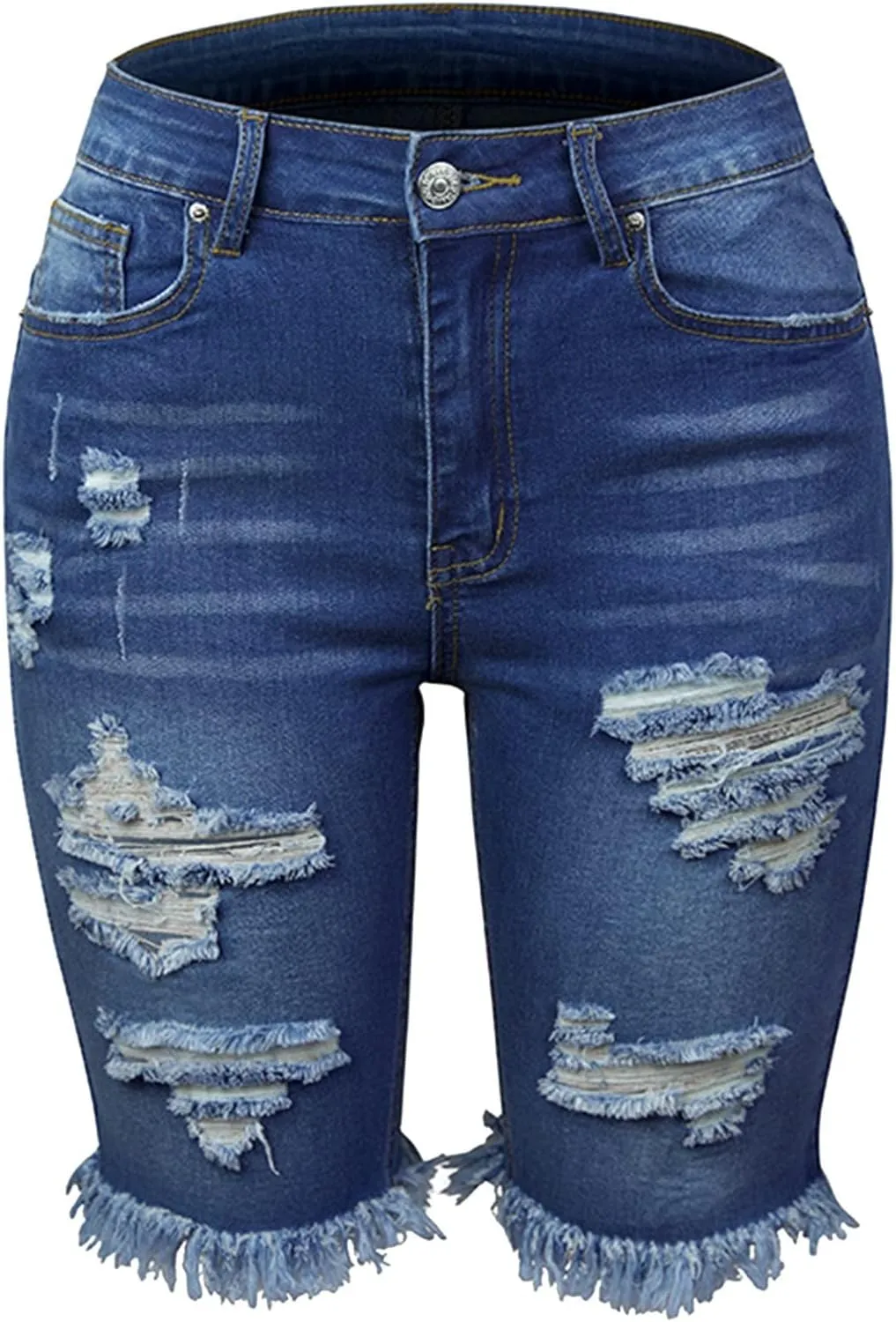 Womens Ripped Stretchy Long Jean Shorts Mid Rise Frayed Cut Off High Waisted Distressed Knee Length Bermuda Shorts