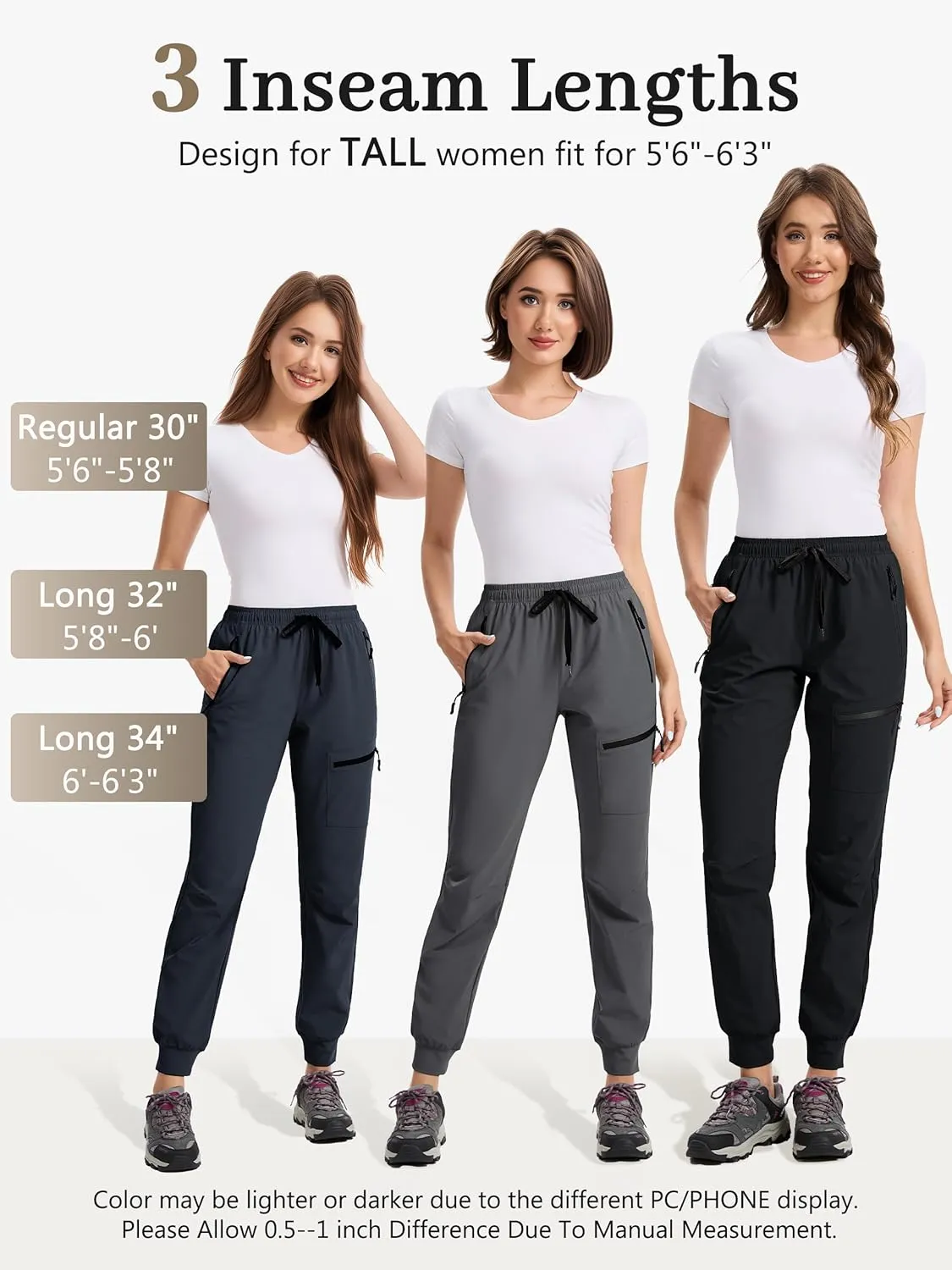 Womens Tall Joggers Hiking Pants 30/32/34 Inseam Cargo Lightweight Quick Dry 4 Pockets Travel Athletic UPF50 