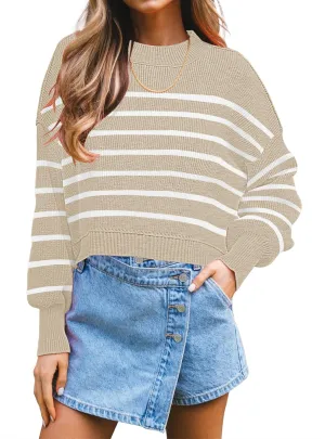 Womens Trendy Cropped Sweaters Knit Ribbed Easy Street Stripe Crop Pullover Sweater Tops