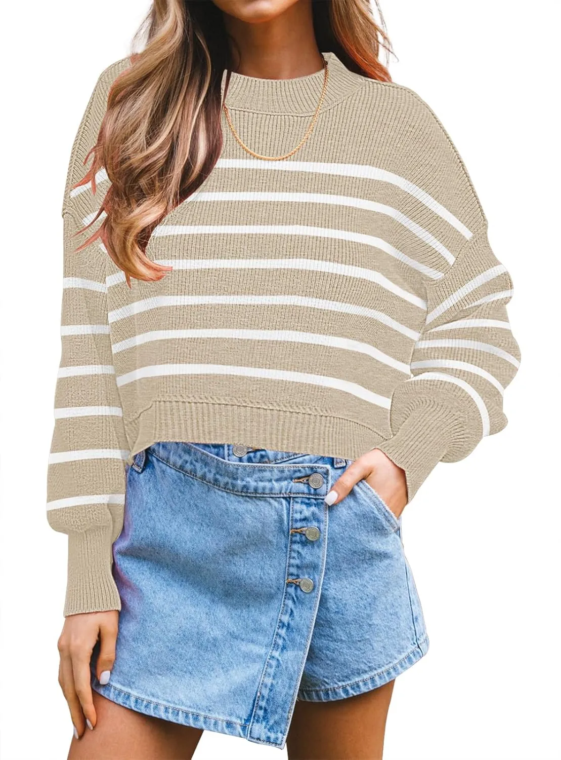 Womens Trendy Cropped Sweaters Knit Ribbed Easy Street Stripe Crop Pullover Sweater Tops