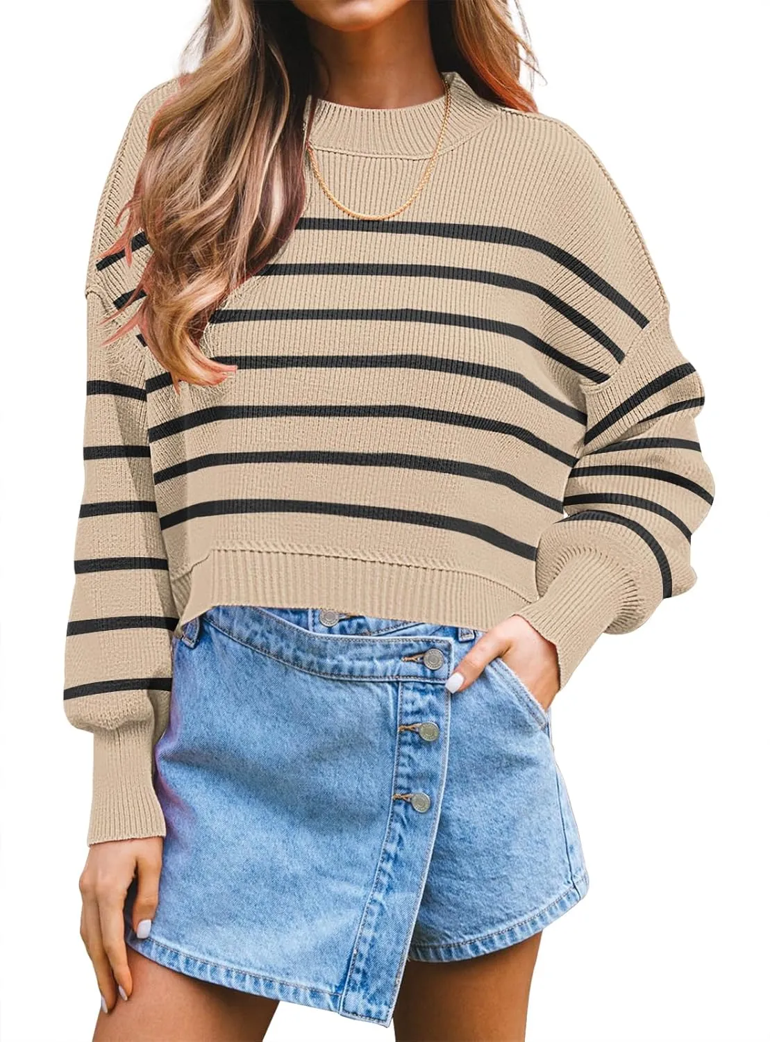 Womens Trendy Cropped Sweaters Knit Ribbed Easy Street Stripe Crop Pullover Sweater Tops
