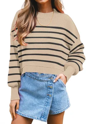 Womens Trendy Cropped Sweaters Knit Ribbed Easy Street Stripe Crop Pullover Sweater Tops