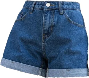 Women's Vintage Denim Shorts Stretchy Casual High Waisted Jeans Shorts Folded Hem Jeans Shorts with Pockets