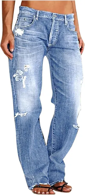 Women's Wide Leg Ripped Trendy Jeans Casual Vintage Distressed Denim Pants Boyfriend Trousers