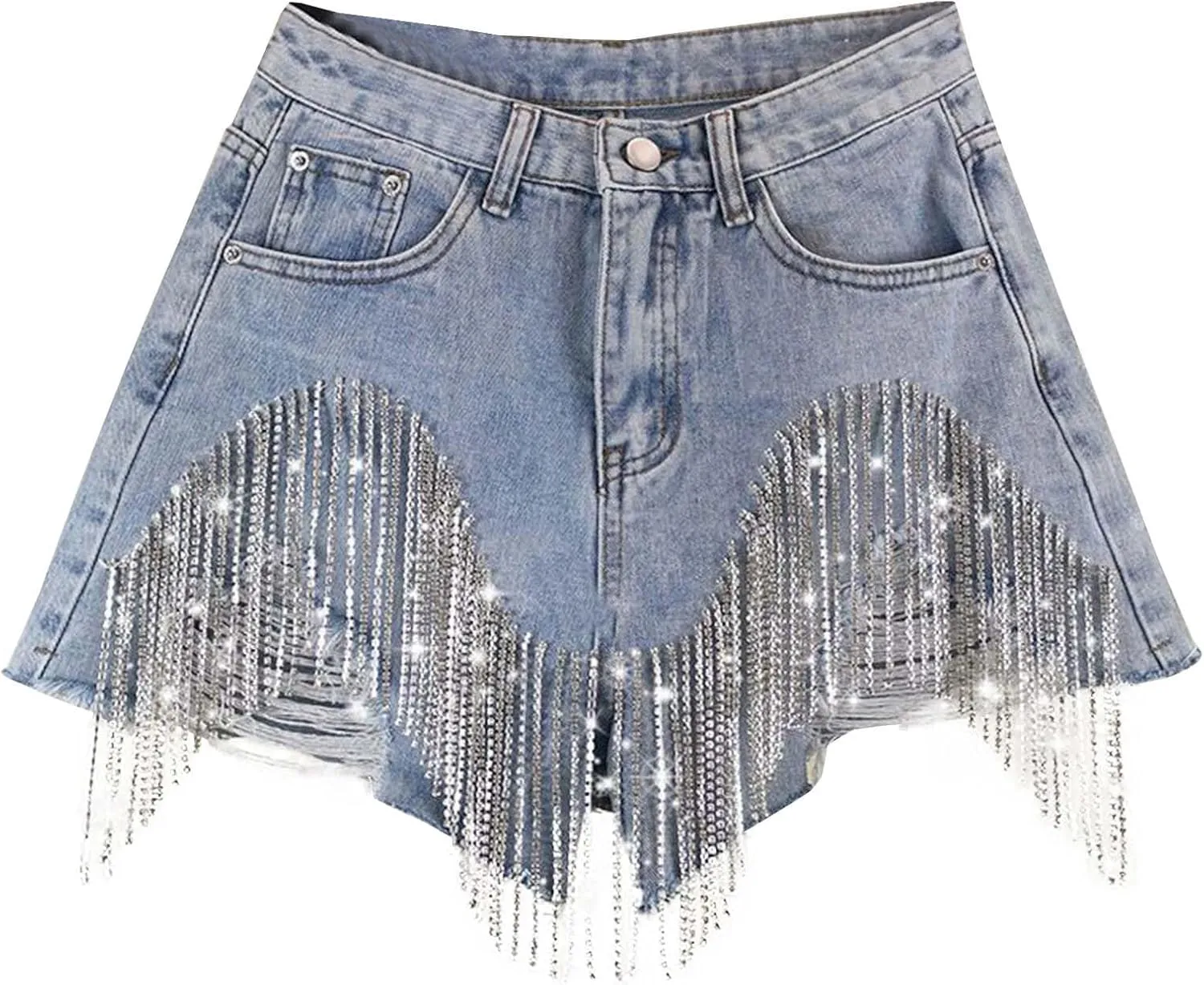 Womens Y2K Ripped Diamond Tassels Denim Shorts High Waist Wide Leg Summer Casual Jeans Shorts with Rhinestone Fringe
