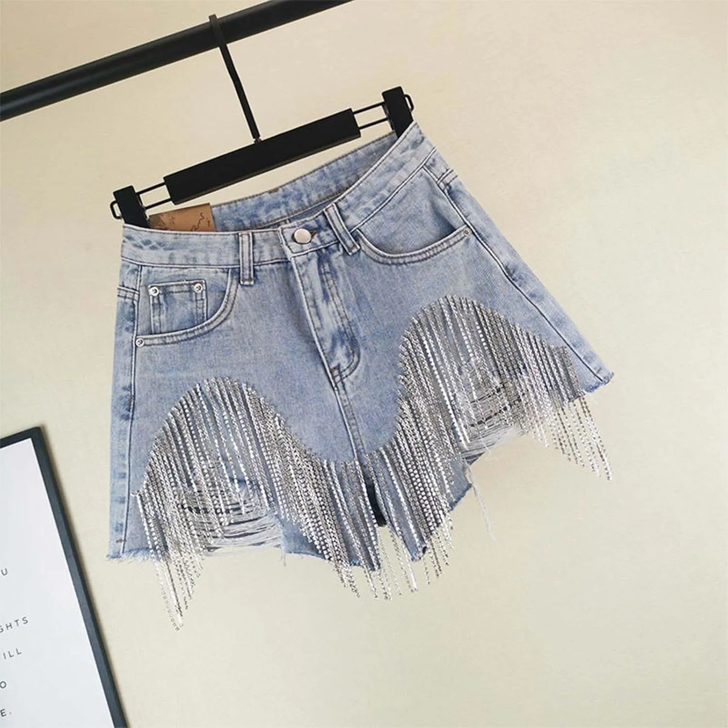 Womens Y2K Ripped Diamond Tassels Denim Shorts High Waist Wide Leg Summer Casual Jeans Shorts with Rhinestone Fringe