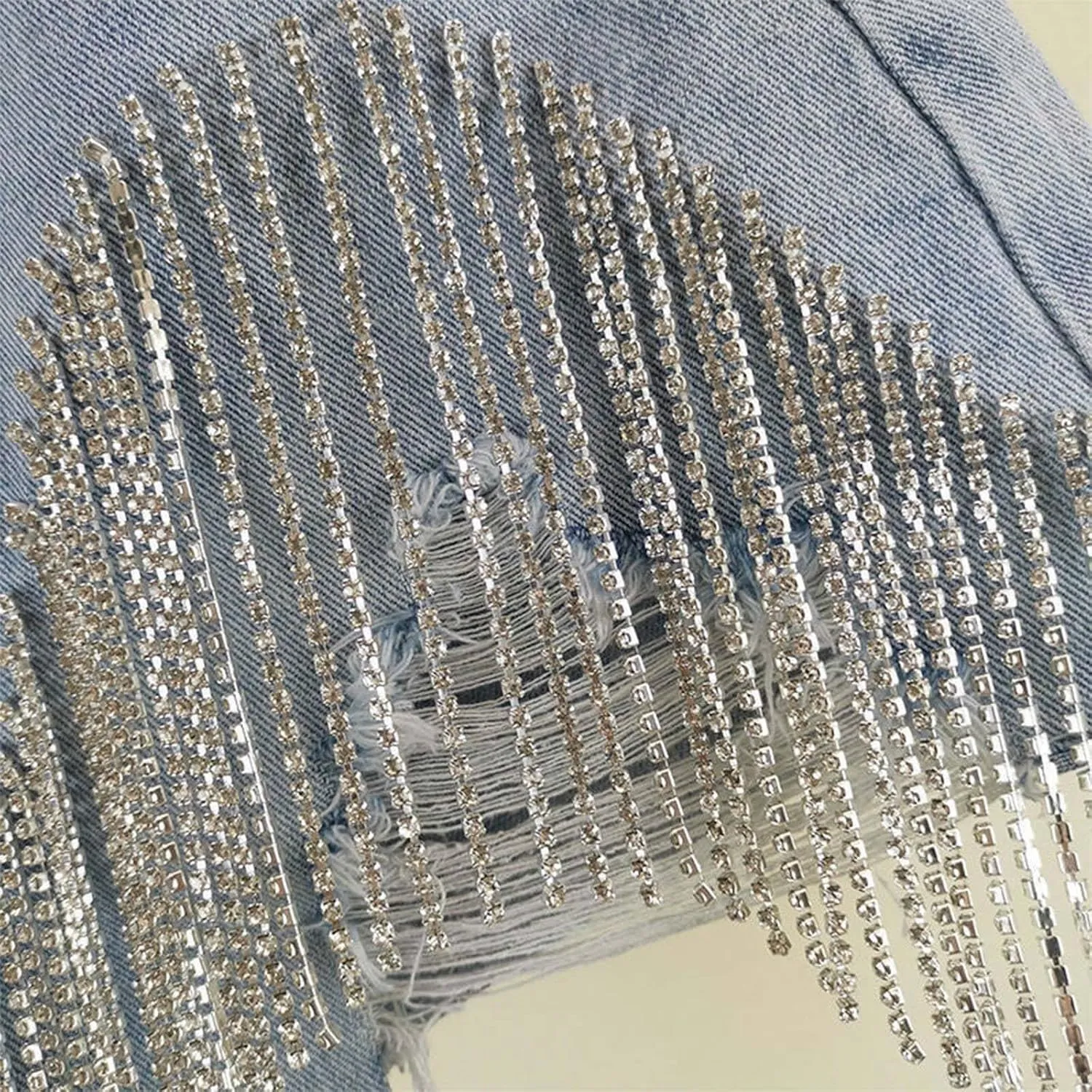 Womens Y2K Ripped Diamond Tassels Denim Shorts High Waist Wide Leg Summer Casual Jeans Shorts with Rhinestone Fringe