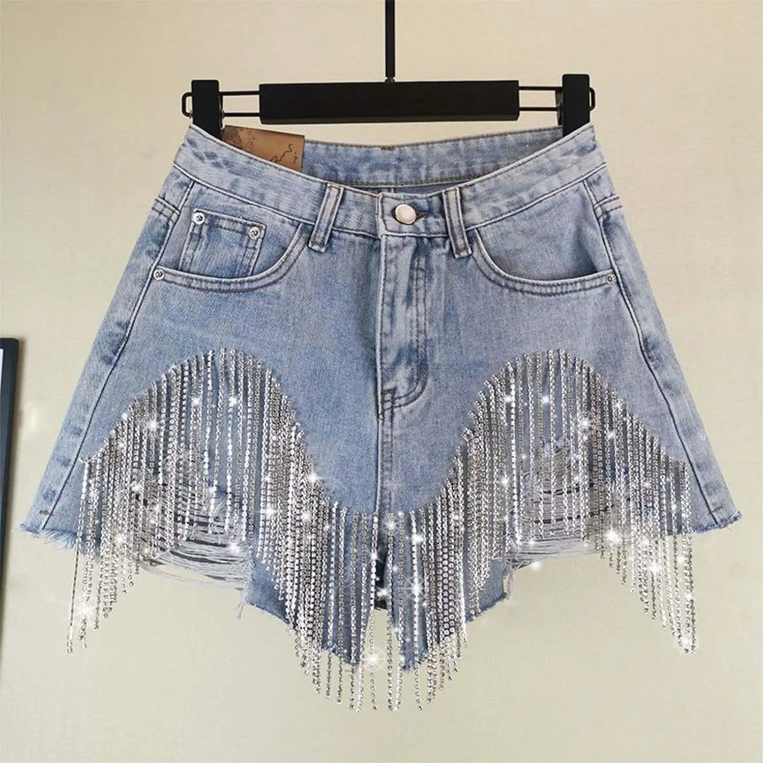 Womens Y2K Ripped Diamond Tassels Denim Shorts High Waist Wide Leg Summer Casual Jeans Shorts with Rhinestone Fringe