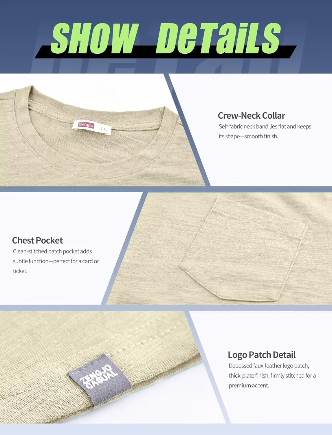 Zengjo Mens Pocket T Shirts Short Sleeve Cotton Slub Jersey Crewneck Plain Casual Soft Basic Tee